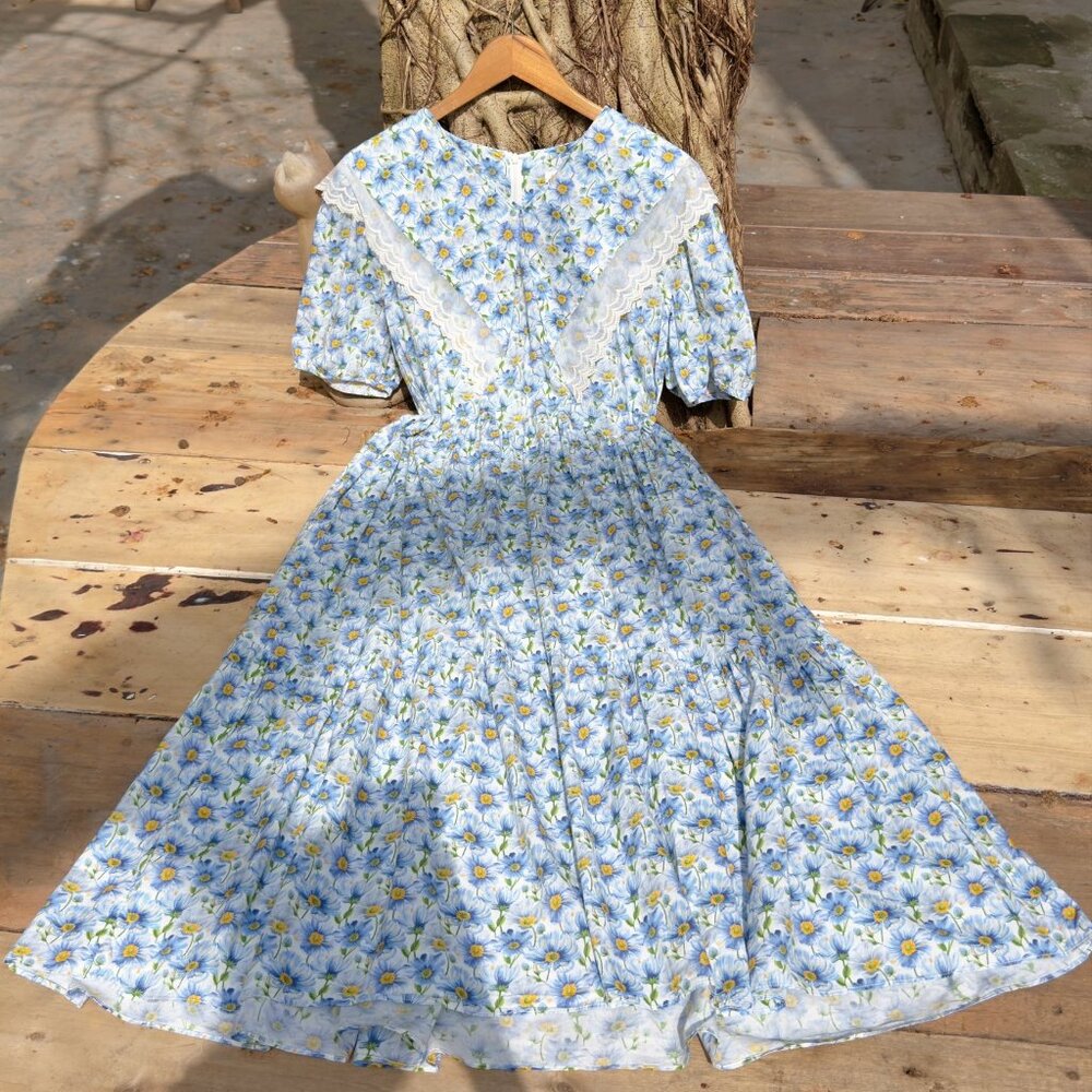 Blue Daisy Floral Dress Cottagecore Lace Collar